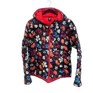 Orage Women Floral Down Puffer Jacket Hooded Quilted Insulated Navy Red L
